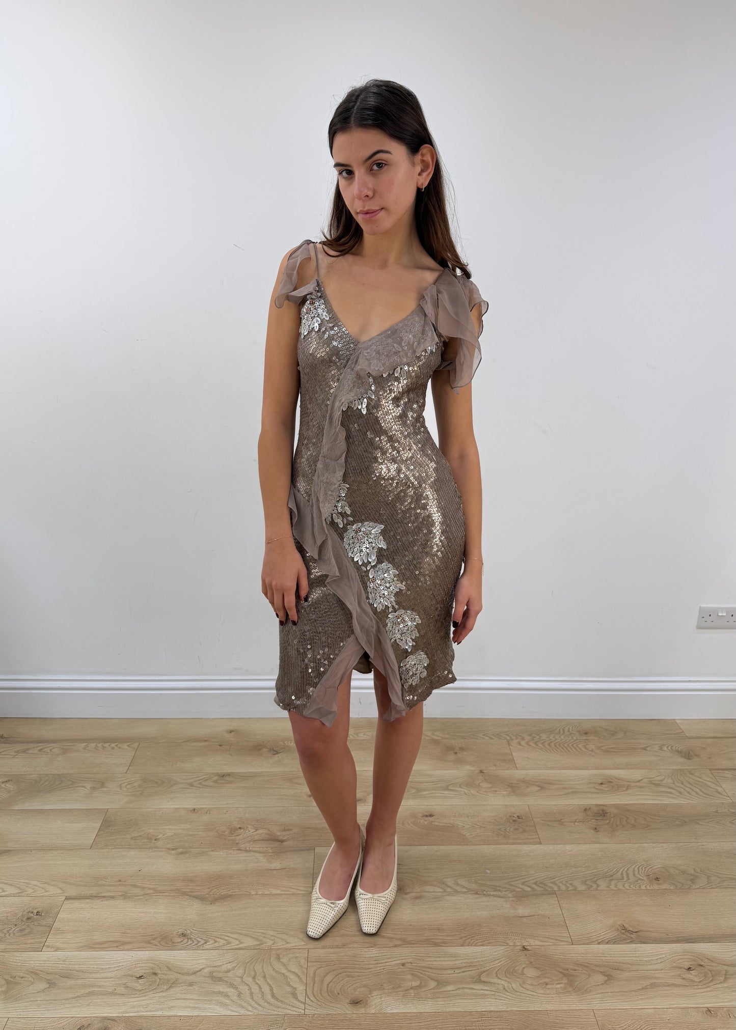 extra small/small beige sequin midi dress – full outfit view