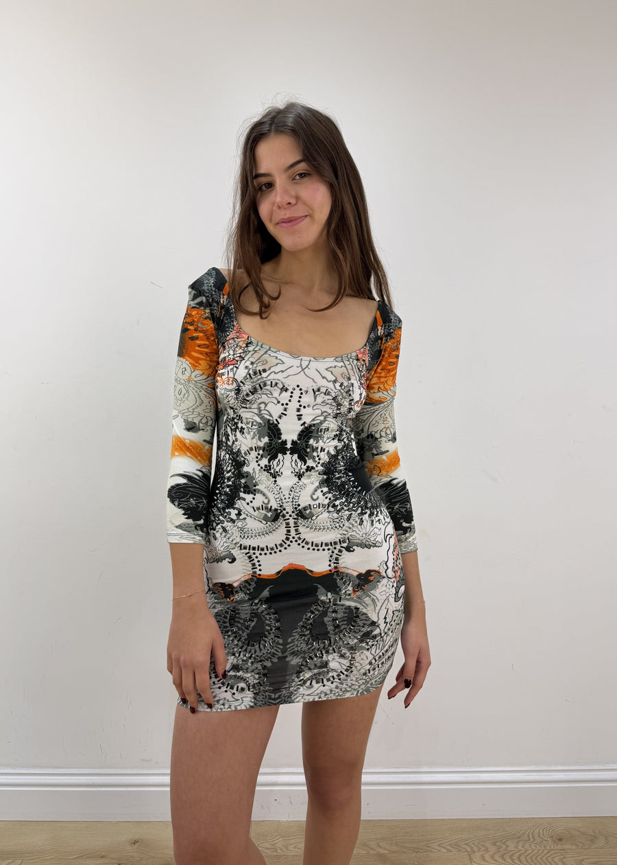 extra small white old river island patterned mini dress – model portrait
