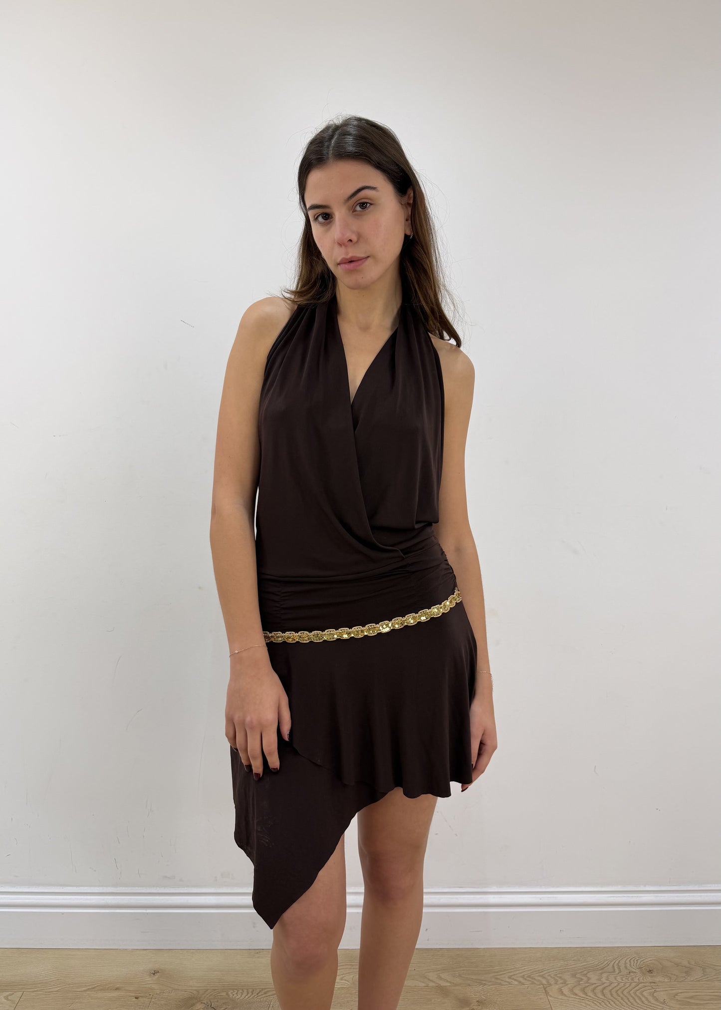 small brown halterneck mini dress with matching bikini top – model portrait