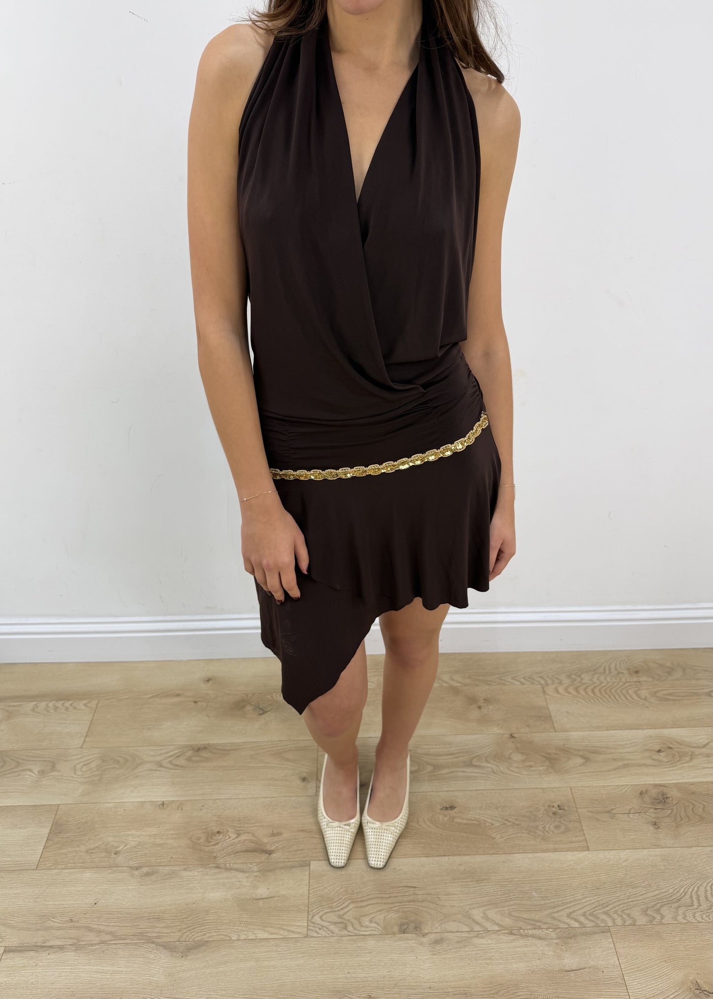 small brown halterneck mini dress with matching bikini top – headless garment photo