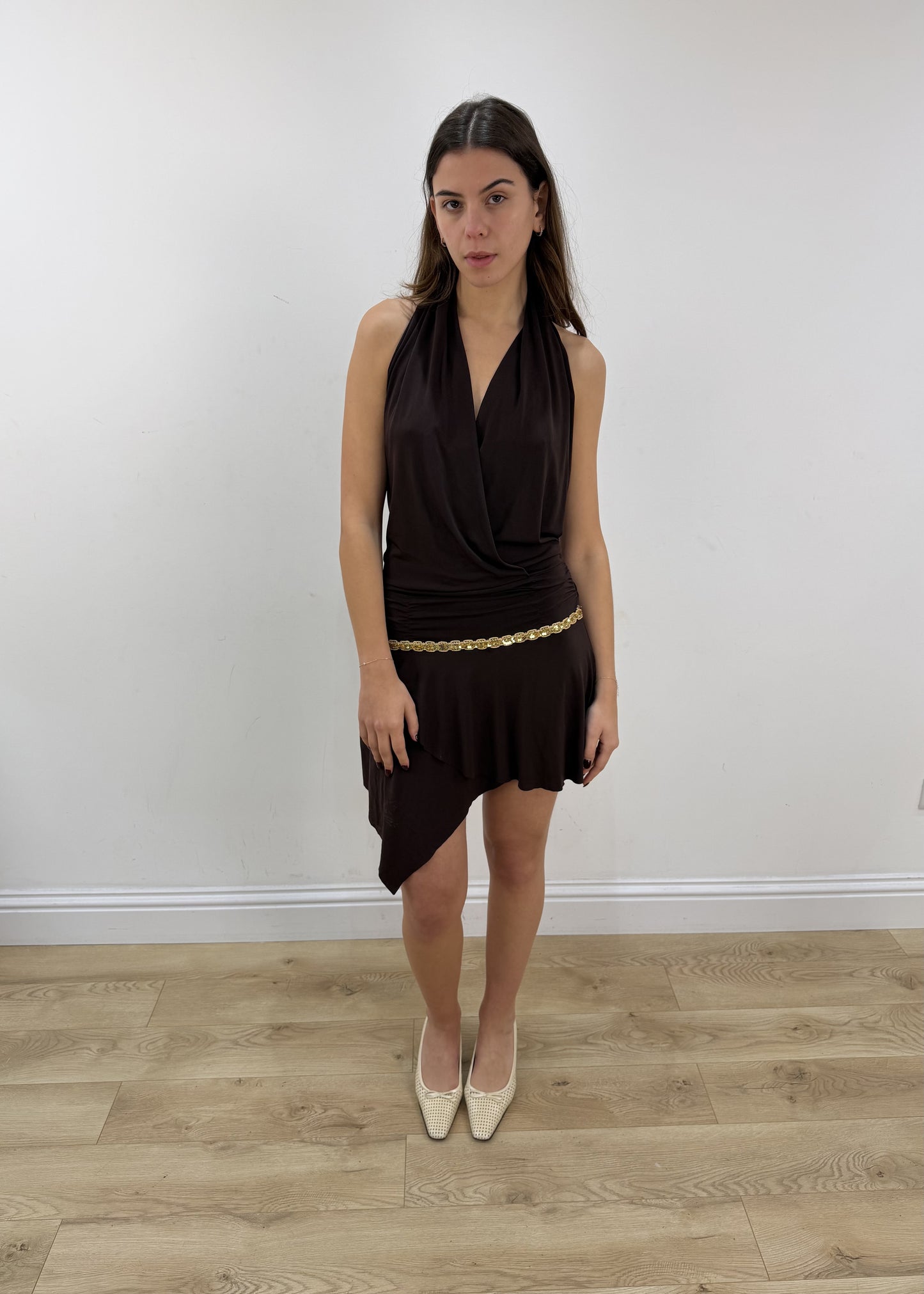 small brown halterneck mini dress with matching bikini top – full outfit view