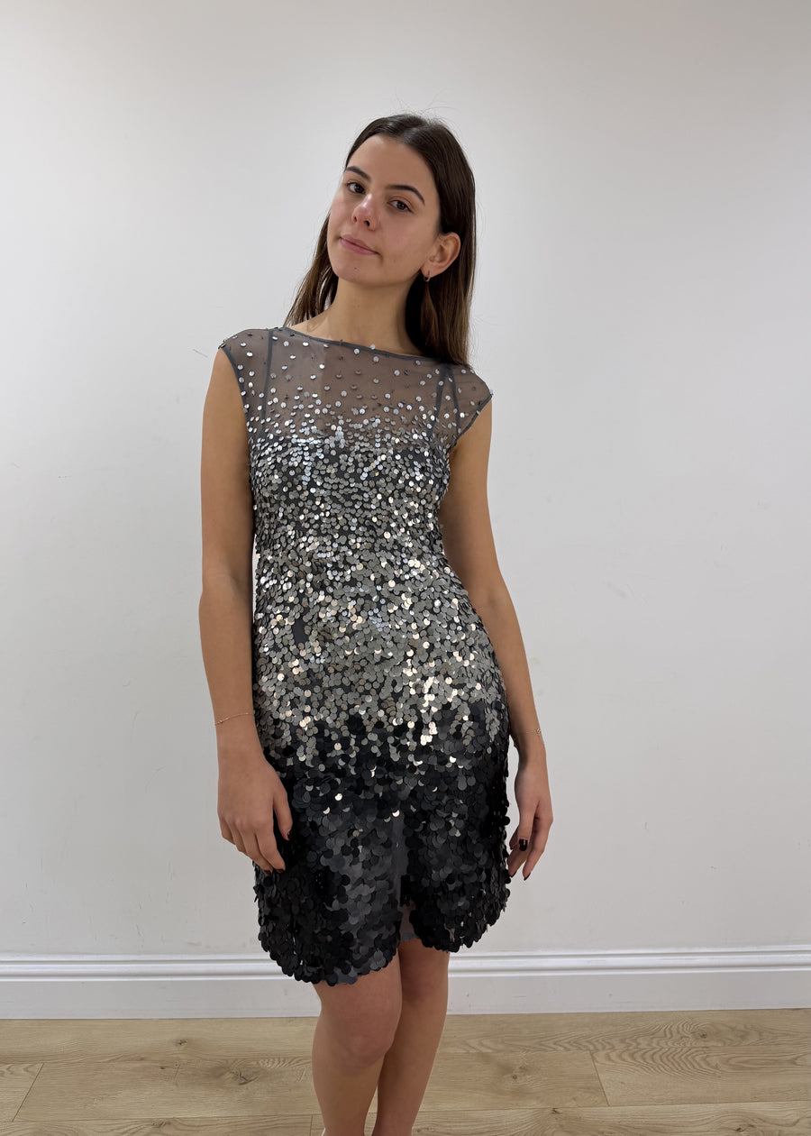 small grey sequin midi dress – model portrait
