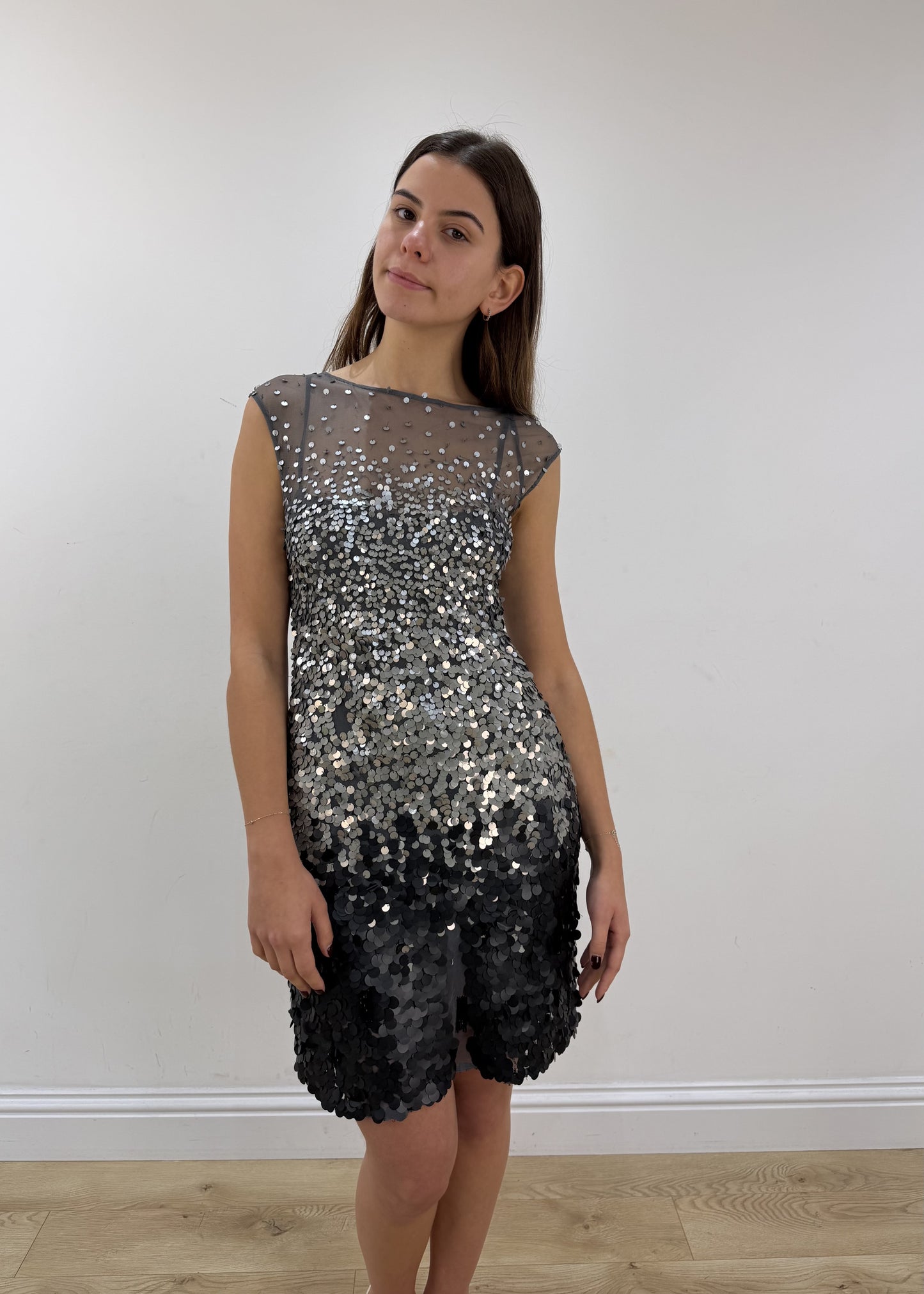 small grey sequin midi dress – model portrait