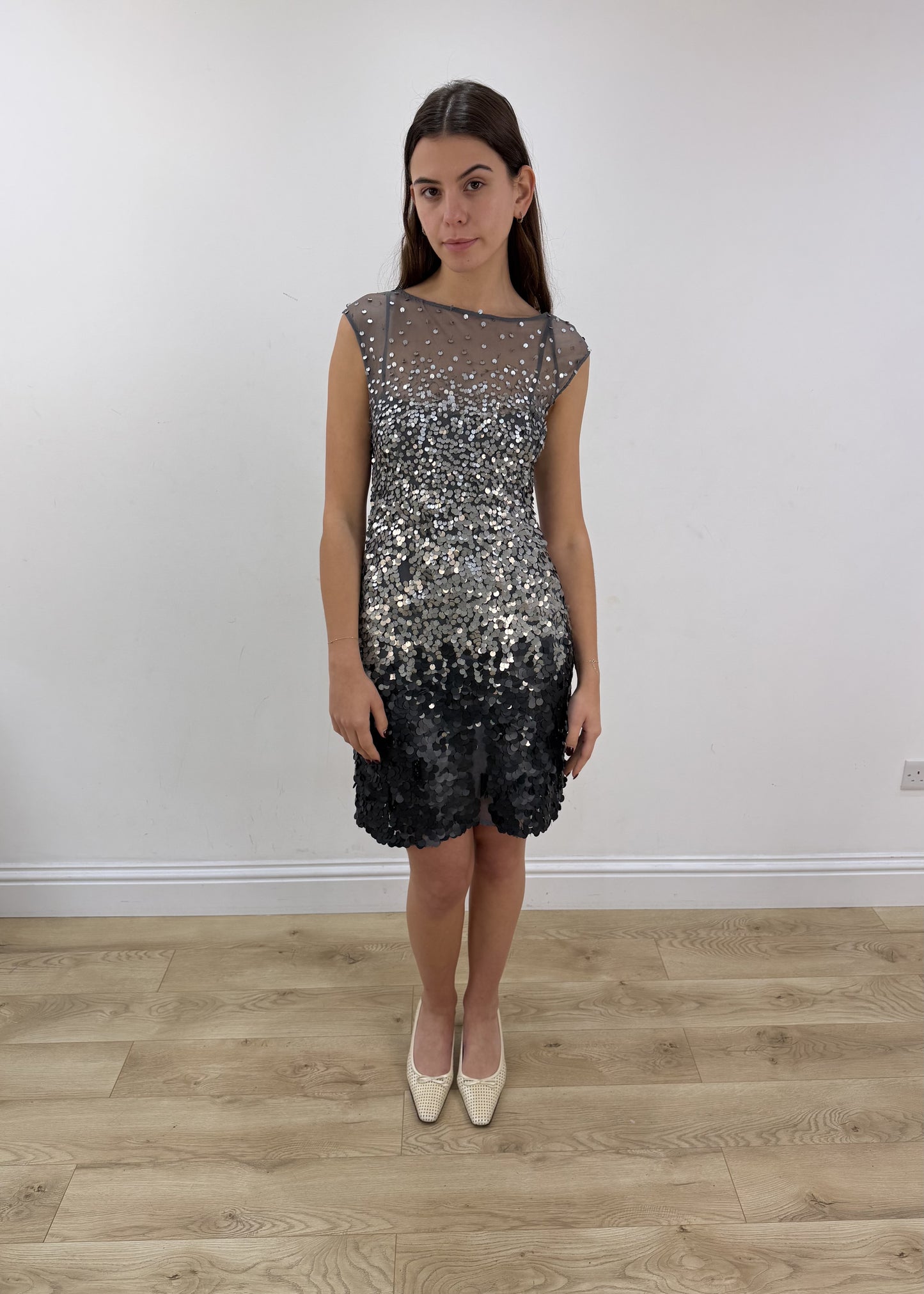 small grey sequin midi dress – full outfit view