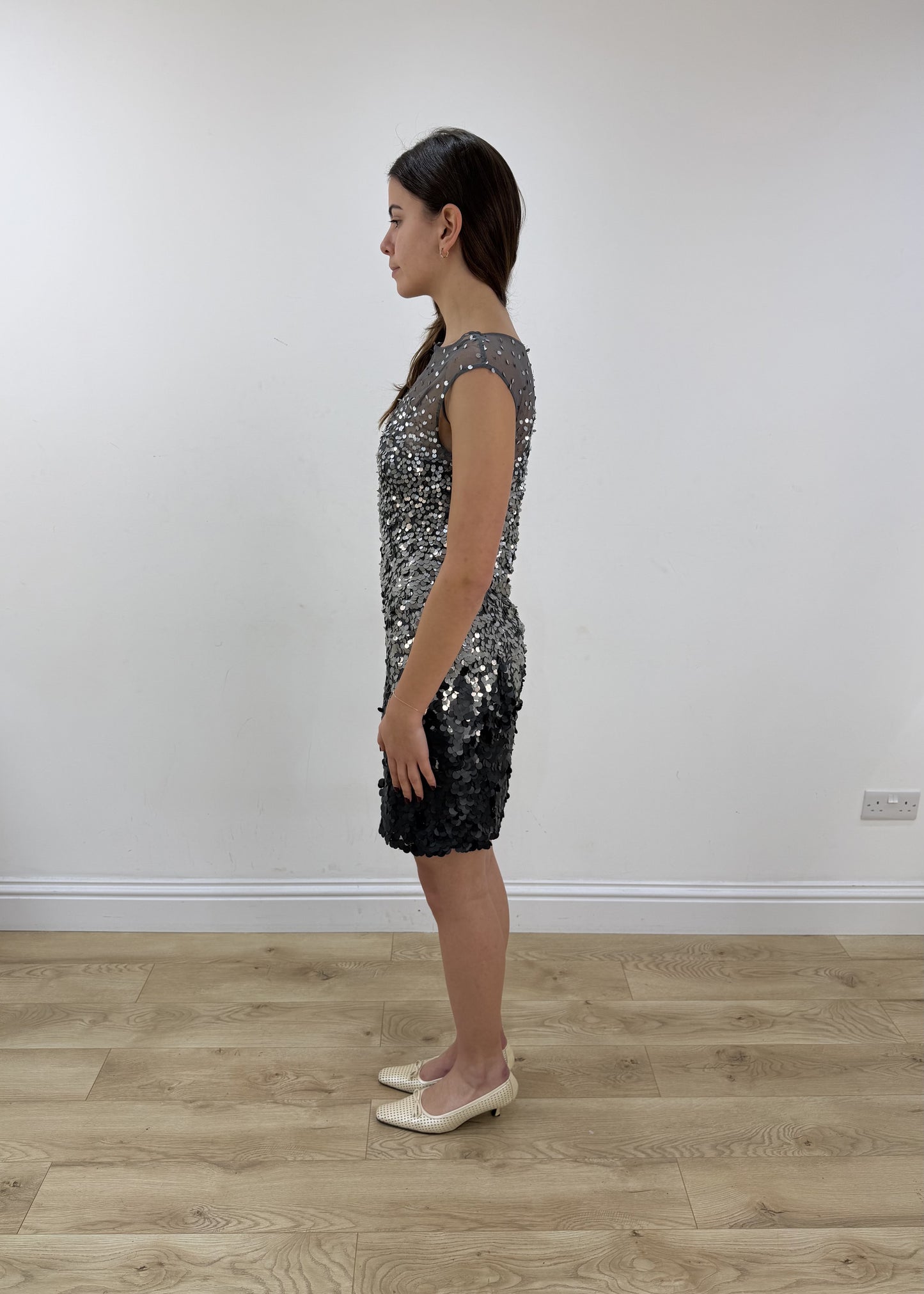 small grey sequin midi dress – side view
