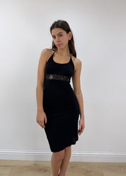 small black mesh overlay midi dress – model portrait