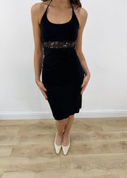 small black mesh overlay midi dress – headless garment photo