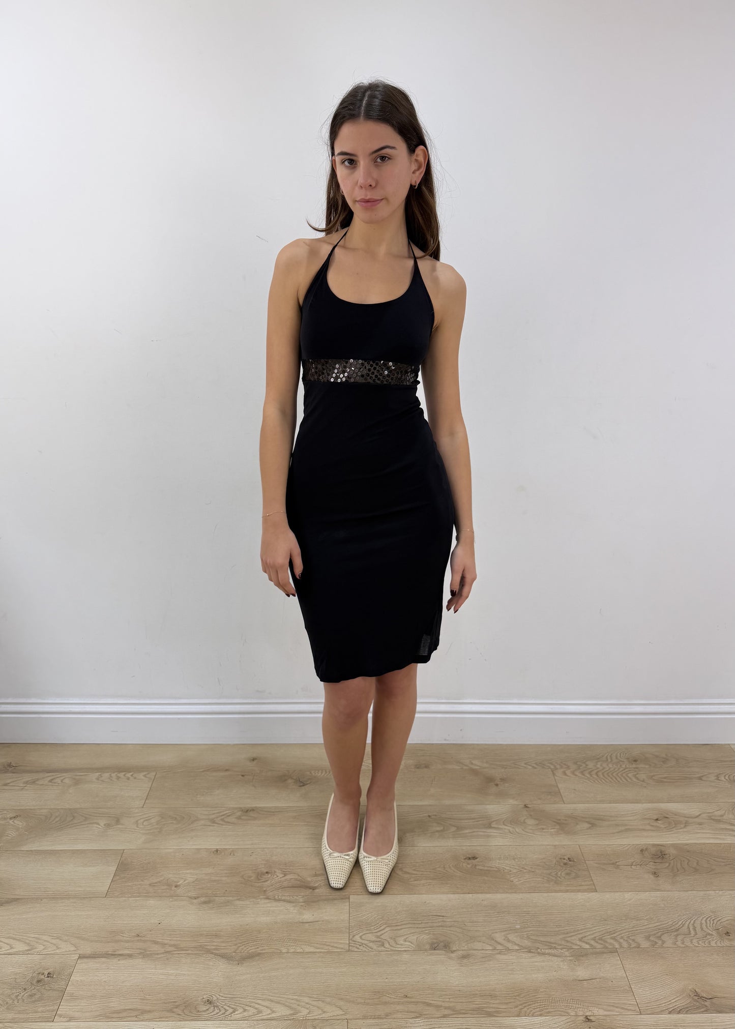 small black mesh overlay midi dress – full outfit view