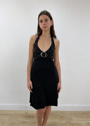 small/medium black halterneck midi dress – model portrait