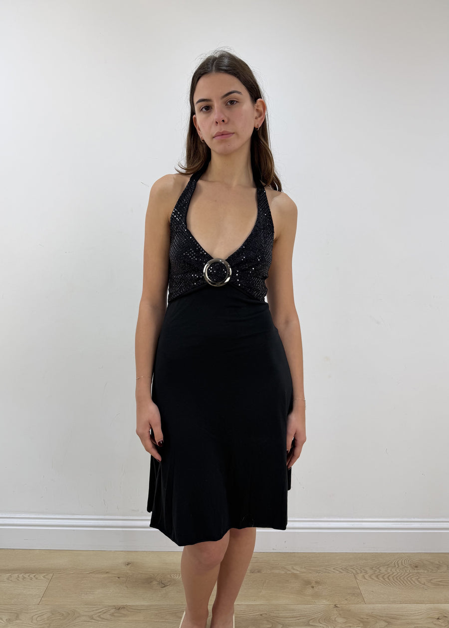 small/medium black halterneck midi dress – model portrait