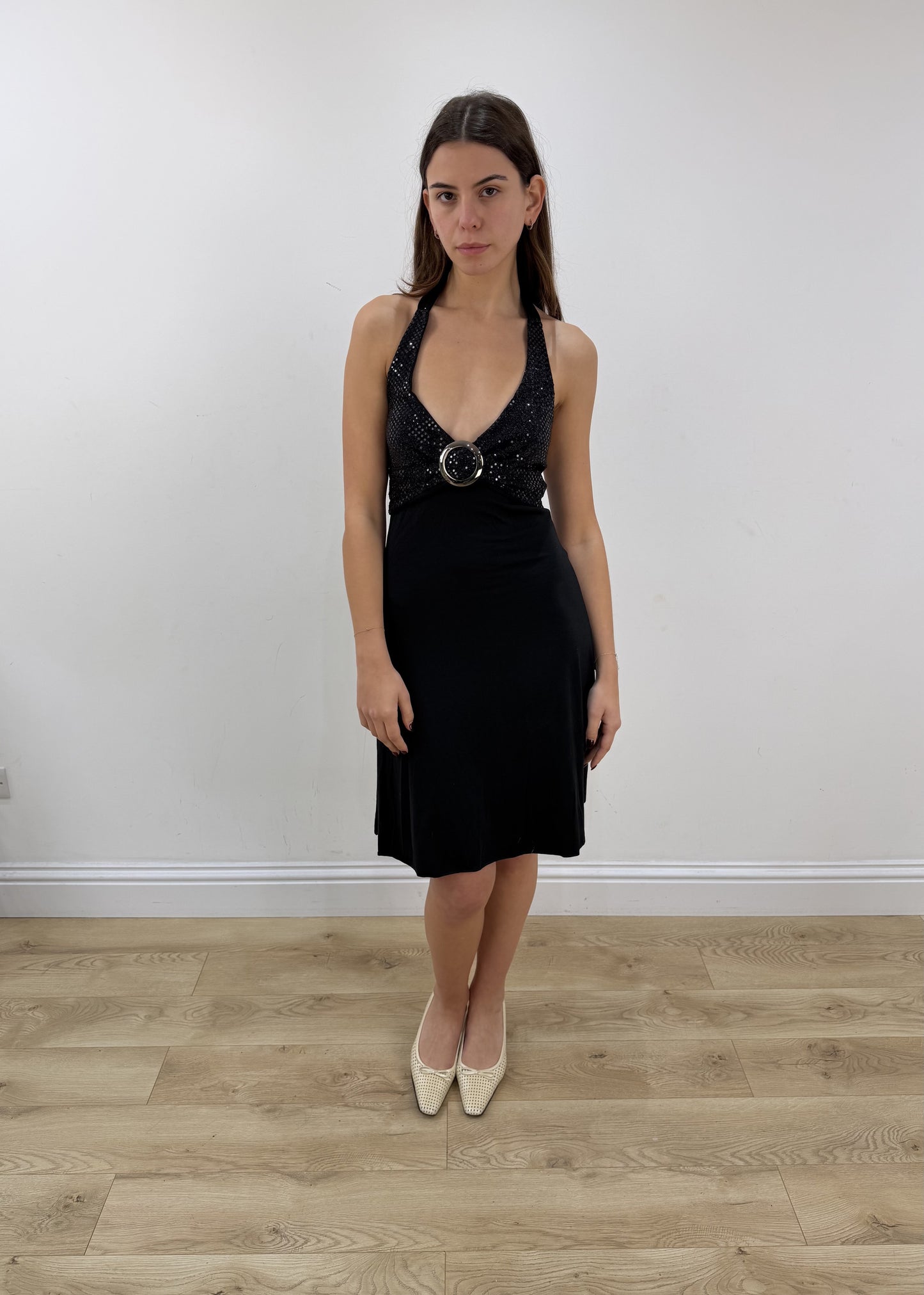 small/medium black halterneck midi dress – full outfit view