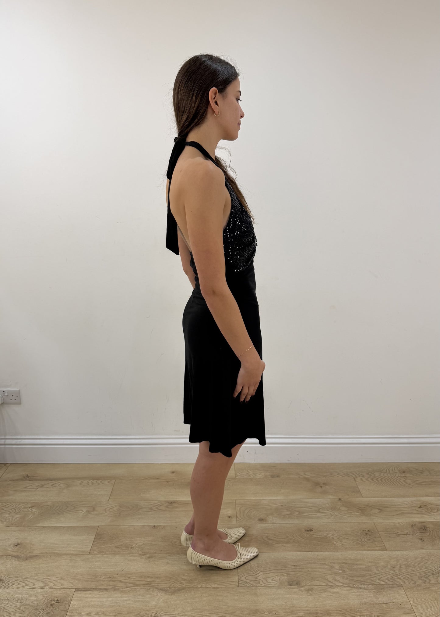 small/medium black halterneck midi dress – side view