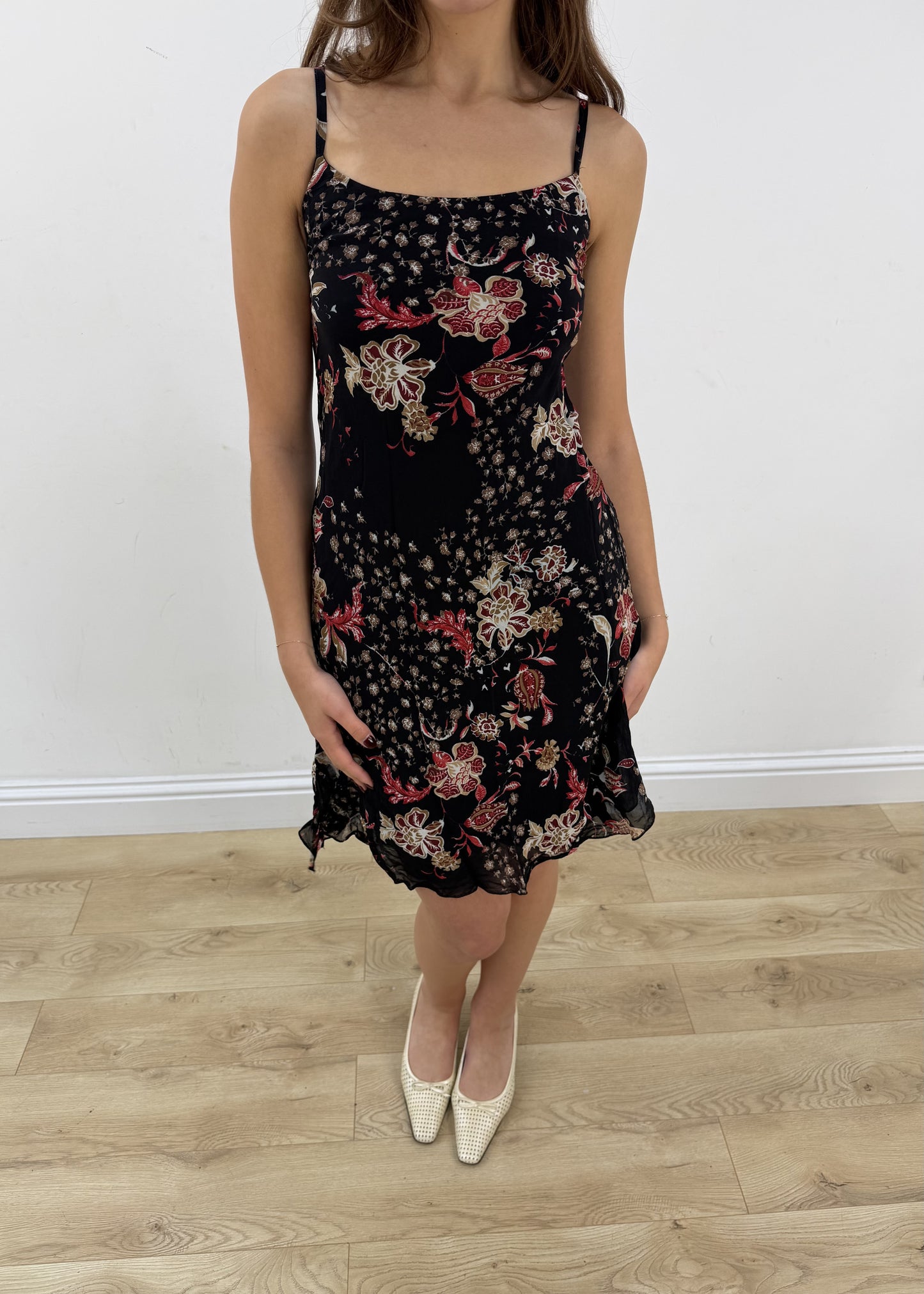 small black and red floral mesh overlay midi dress view 2