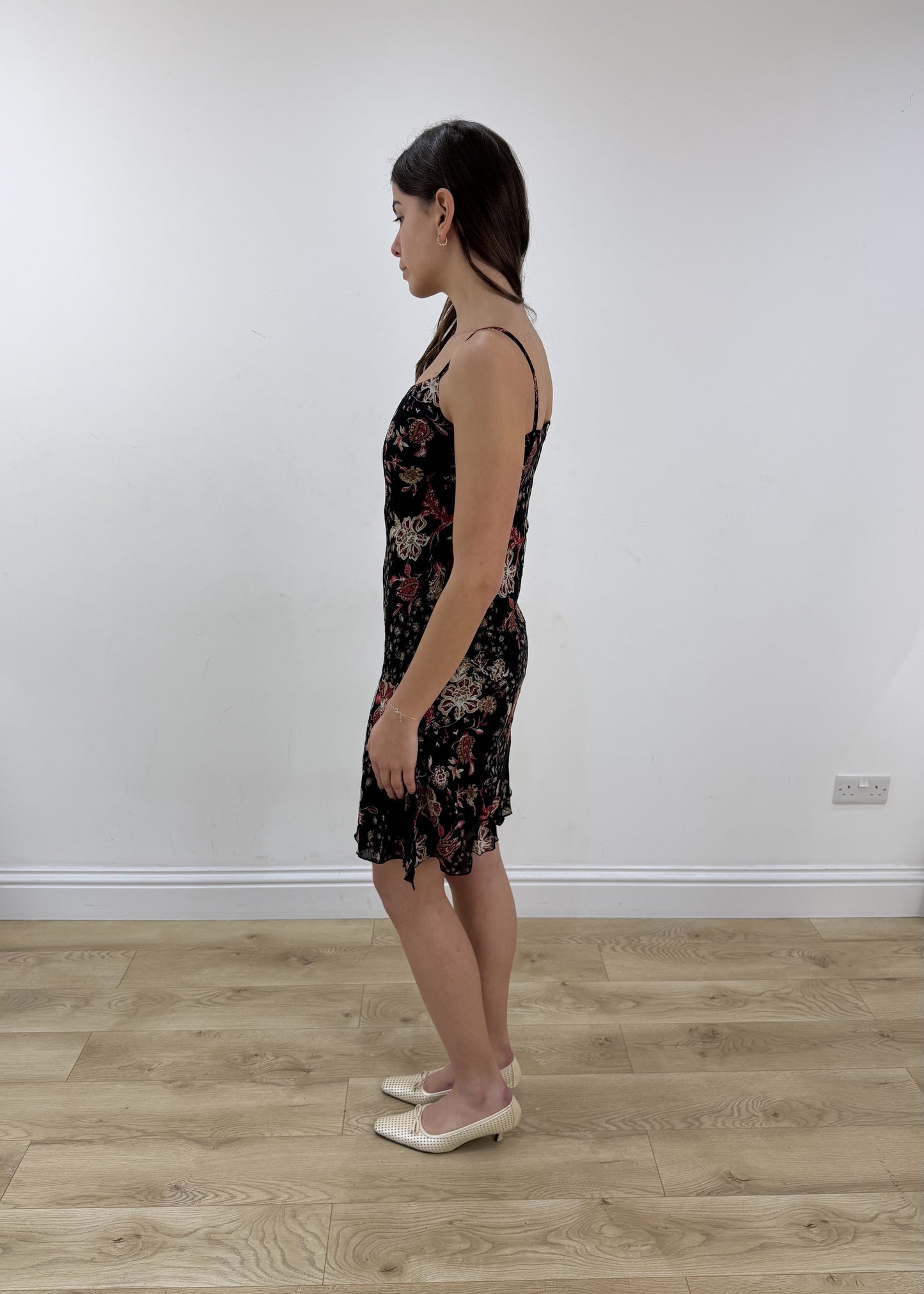 small black and red floral mesh overlay midi dress view 4
