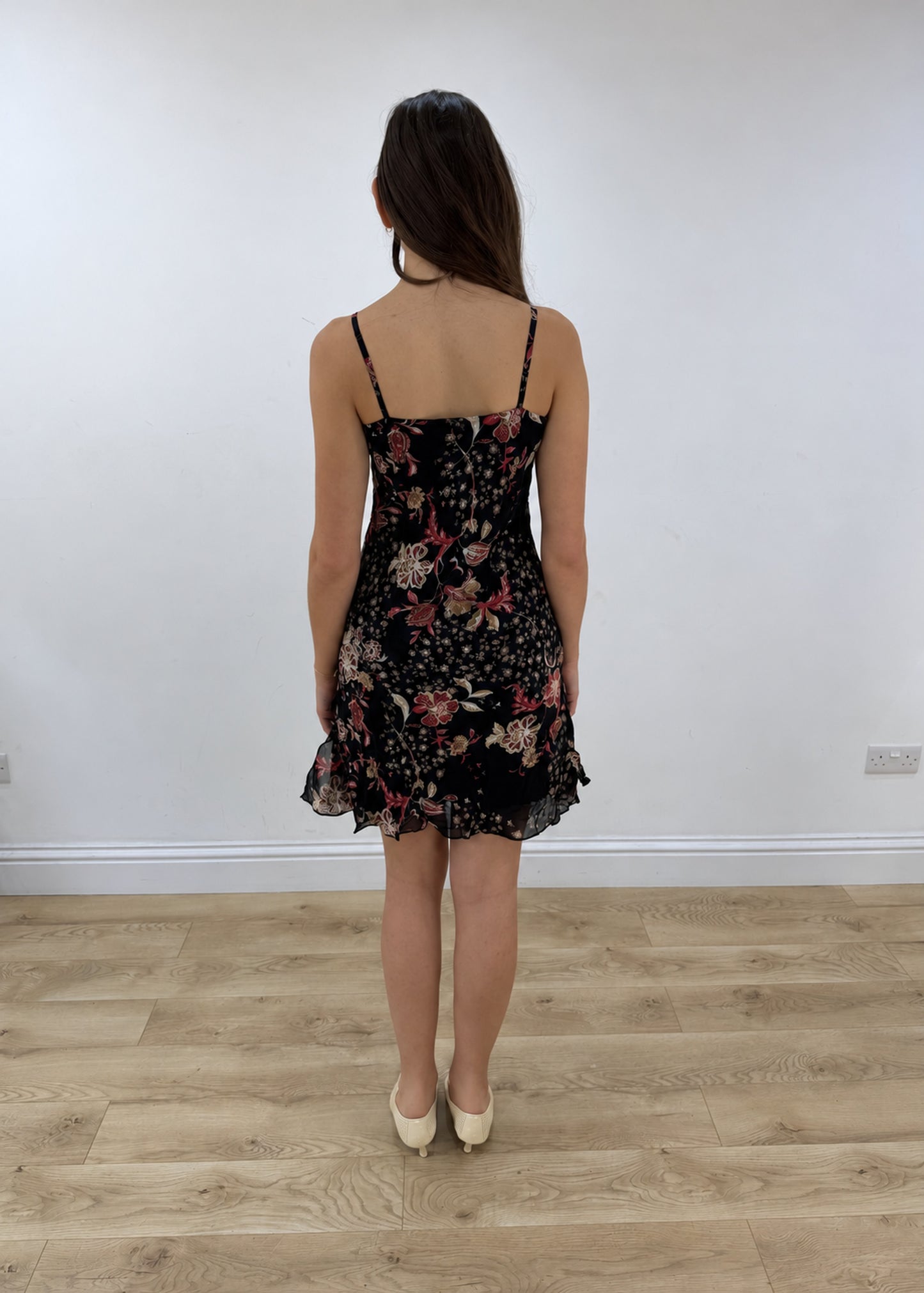 small black and red floral mesh overlay midi dress view 5