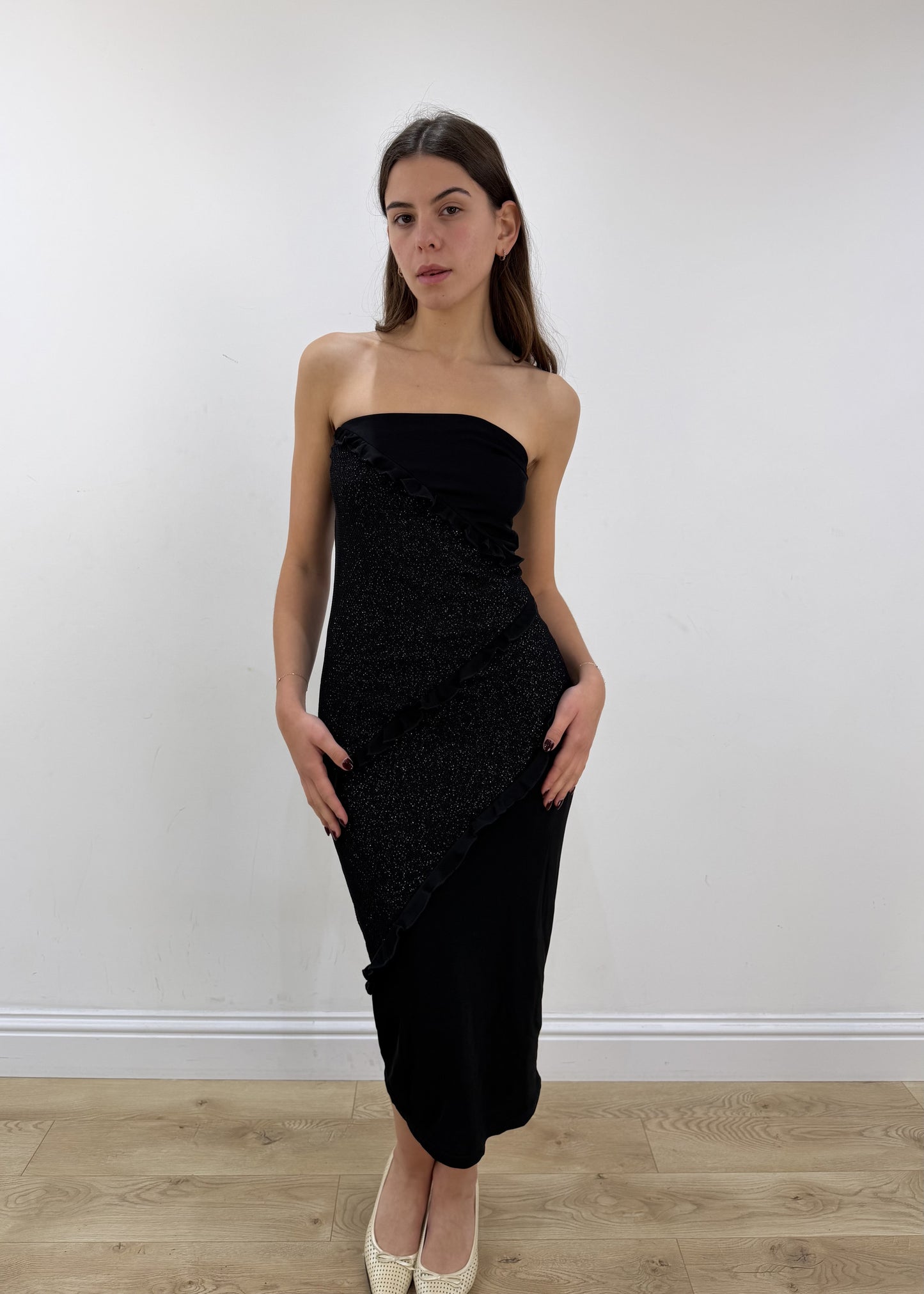 small black glittery bandeau maxi dress view 1