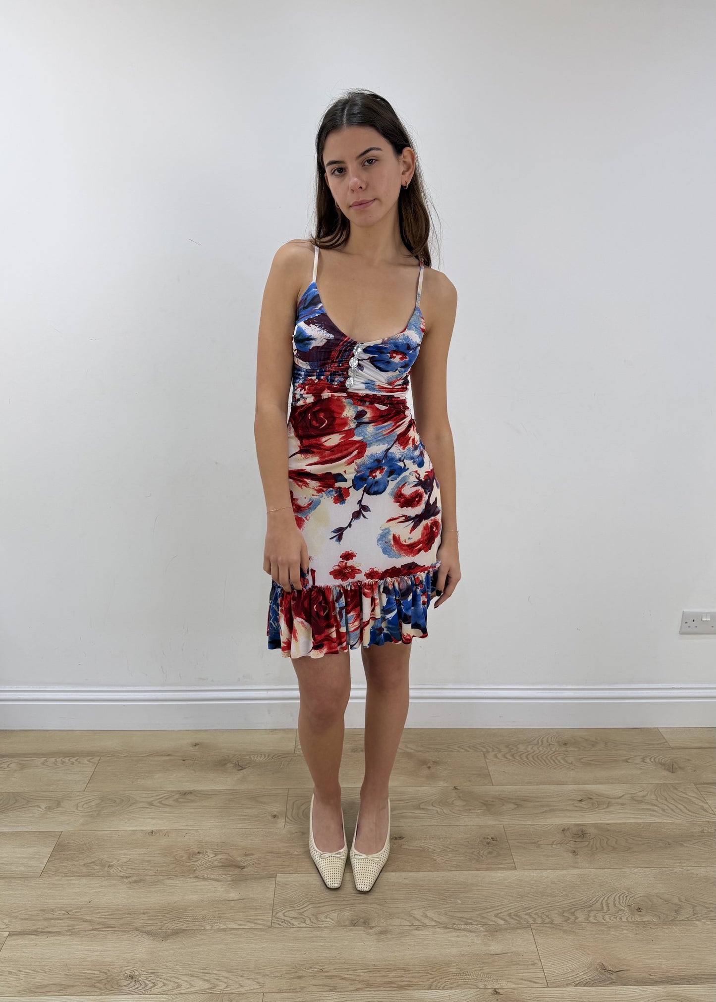 small red and blue floral fringed dress view 3