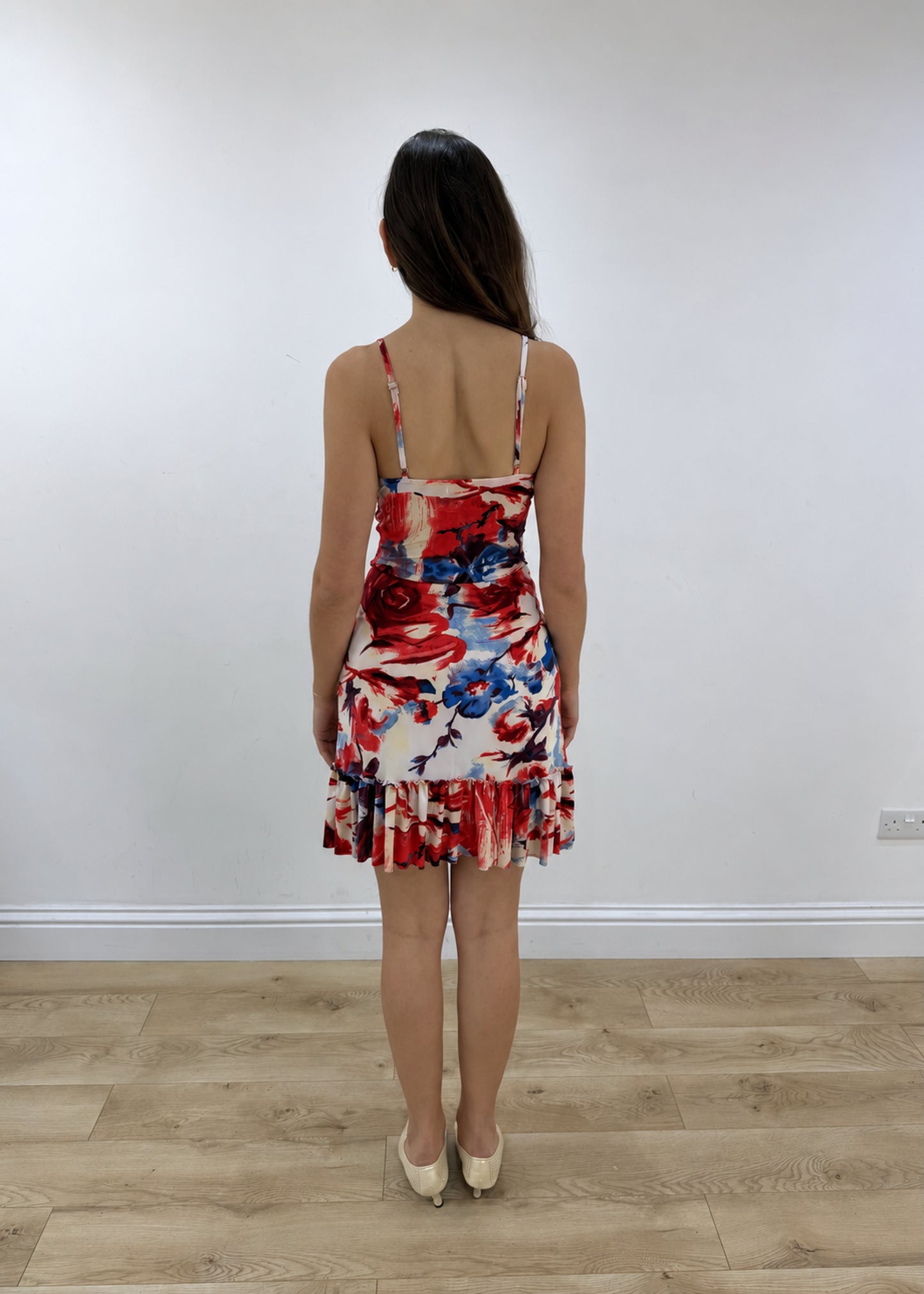 small red and blue floral fringed dress view 5