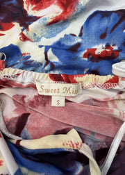 small red and blue floral fringed dress label