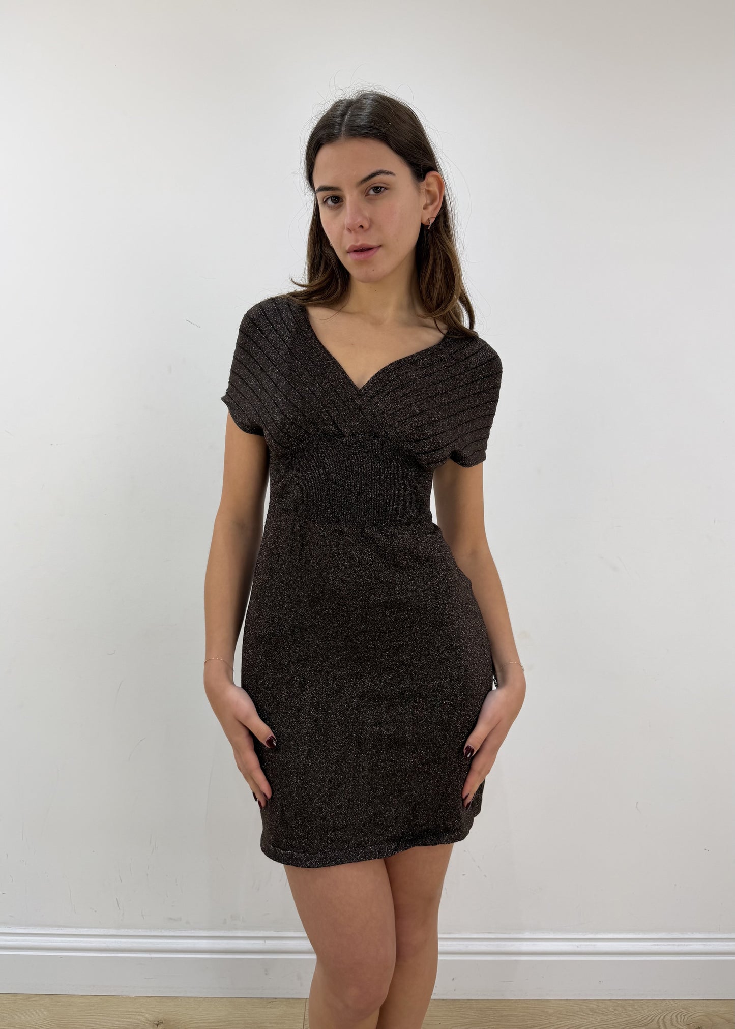small brown glittery mini dress view 1