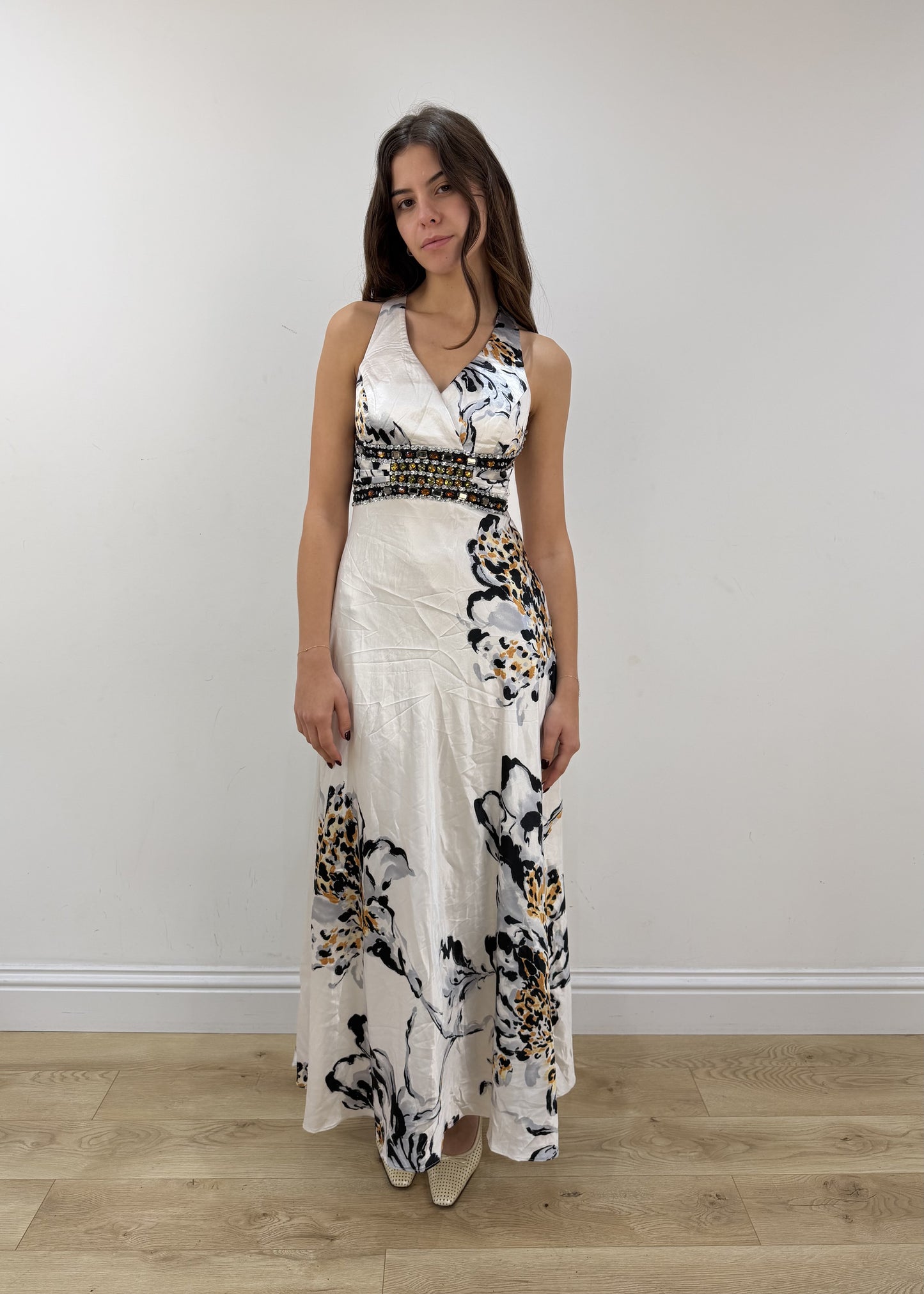 small white satin style floral maxi dress view 1