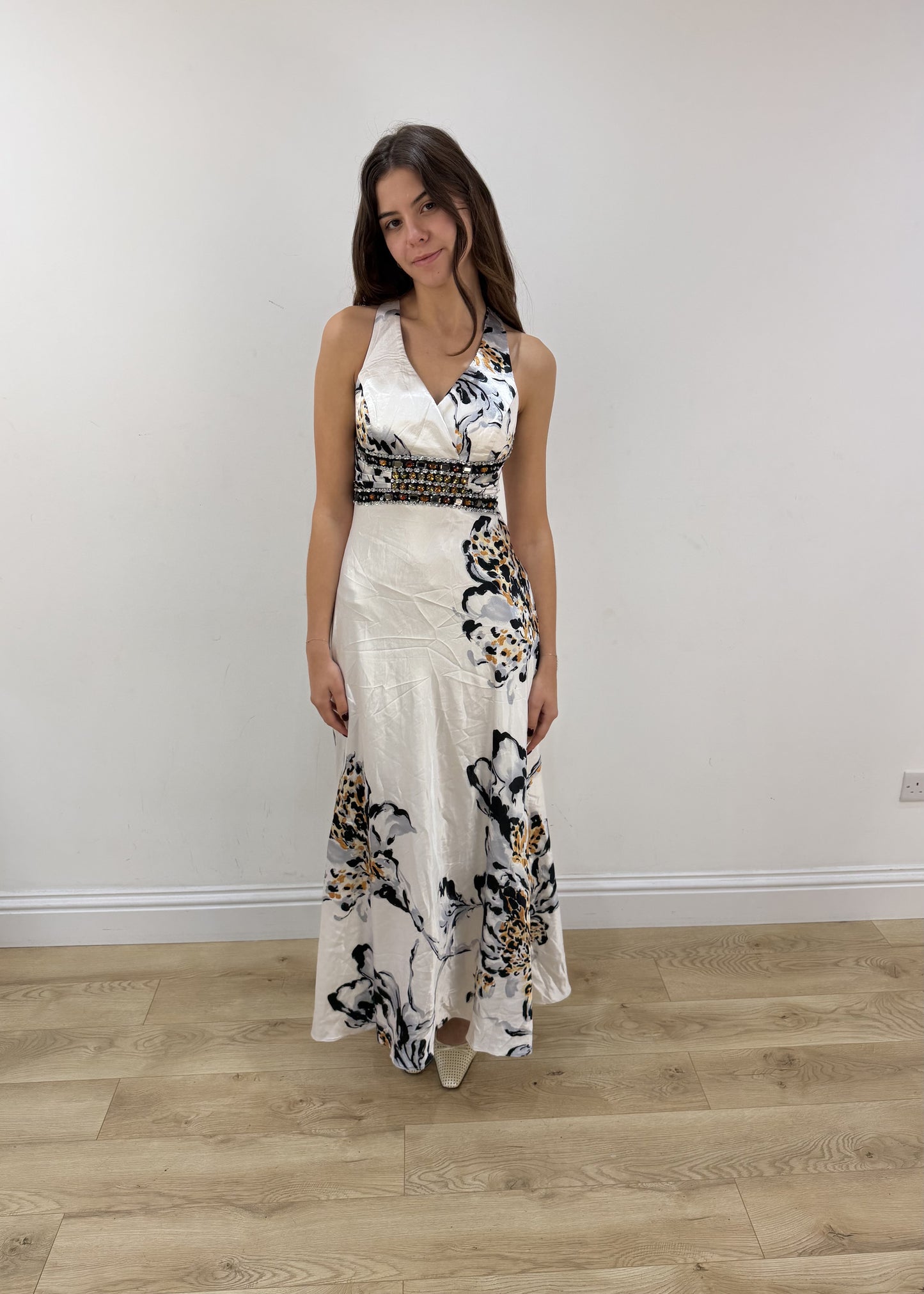 small white satin style floral maxi dress view 3