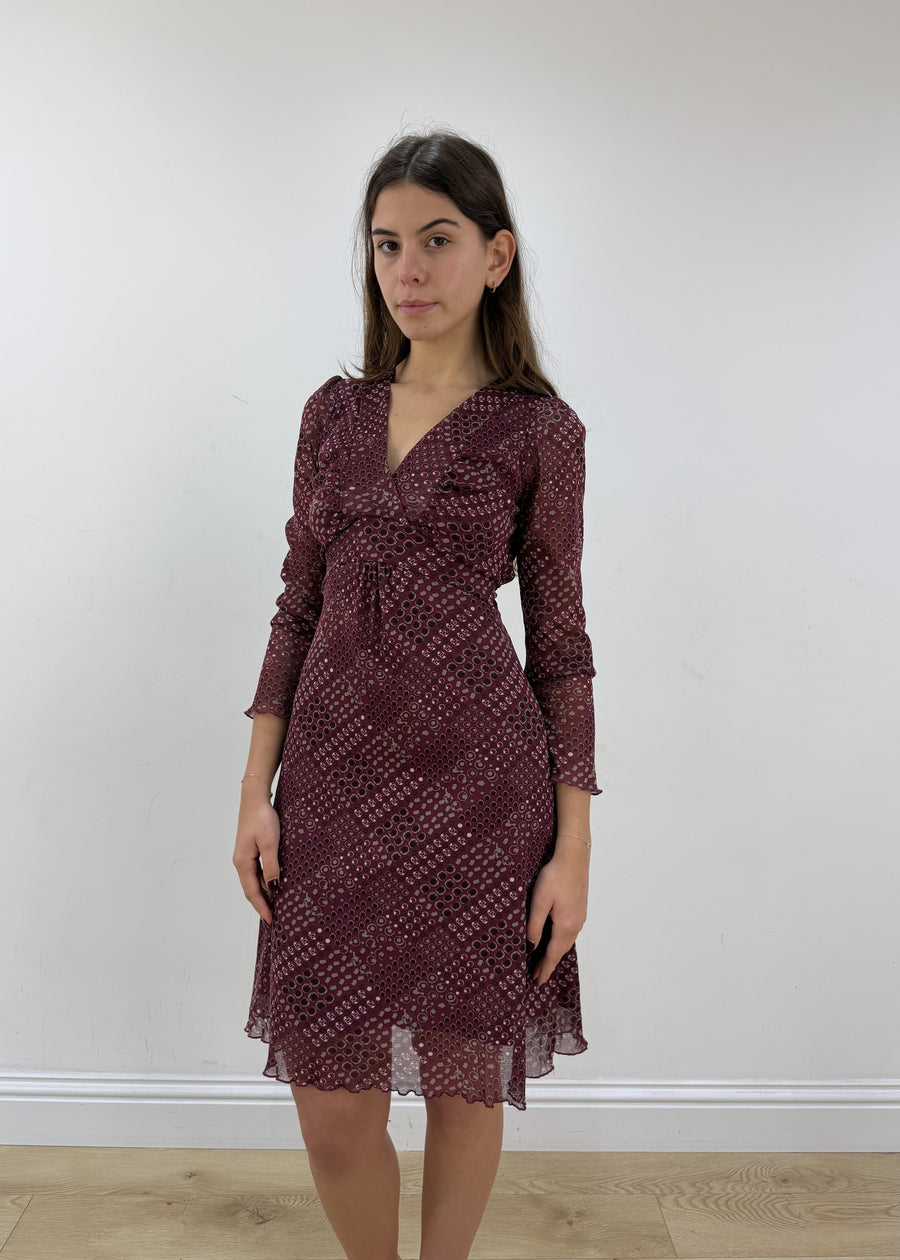 medium burgundy patterned midi dress view 1