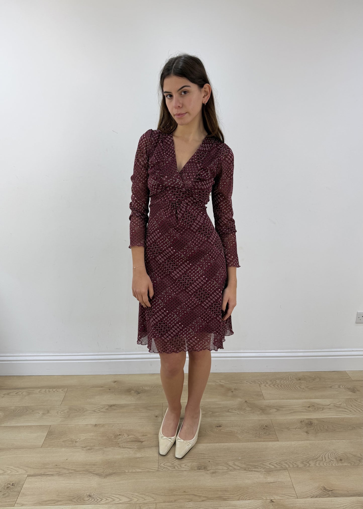 medium burgundy patterned midi dress view 3