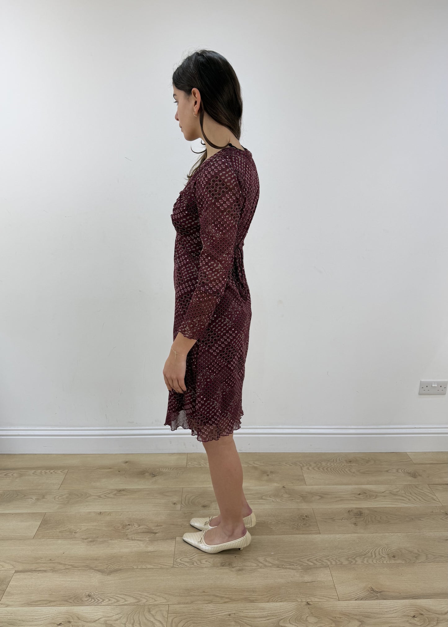 medium burgundy patterned midi dress view 4