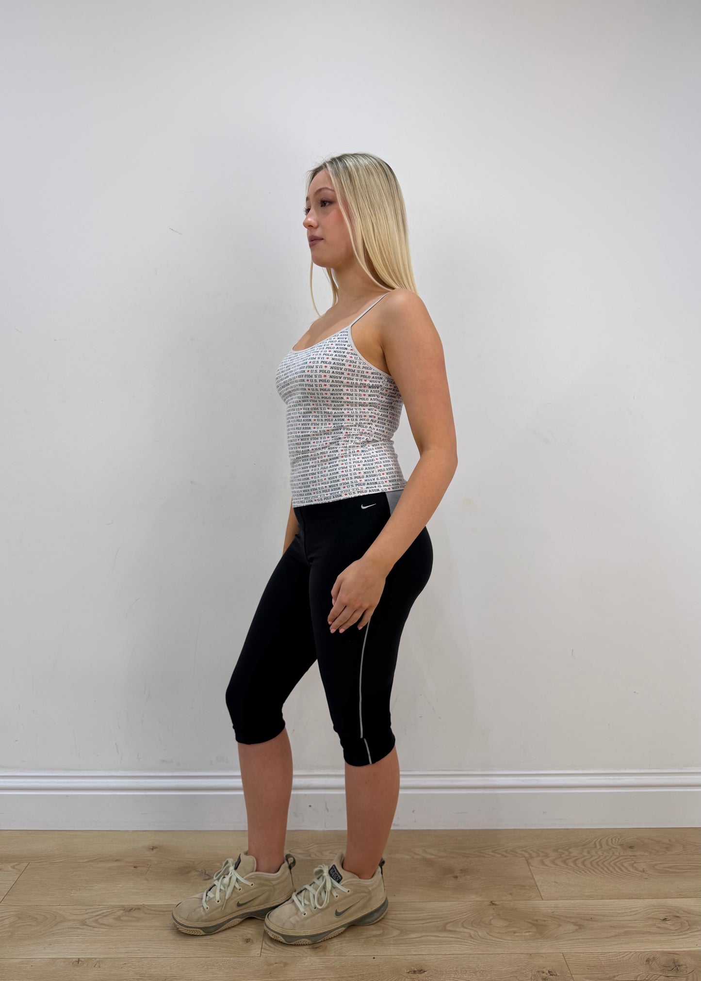 small white and blue polo u.s cami top