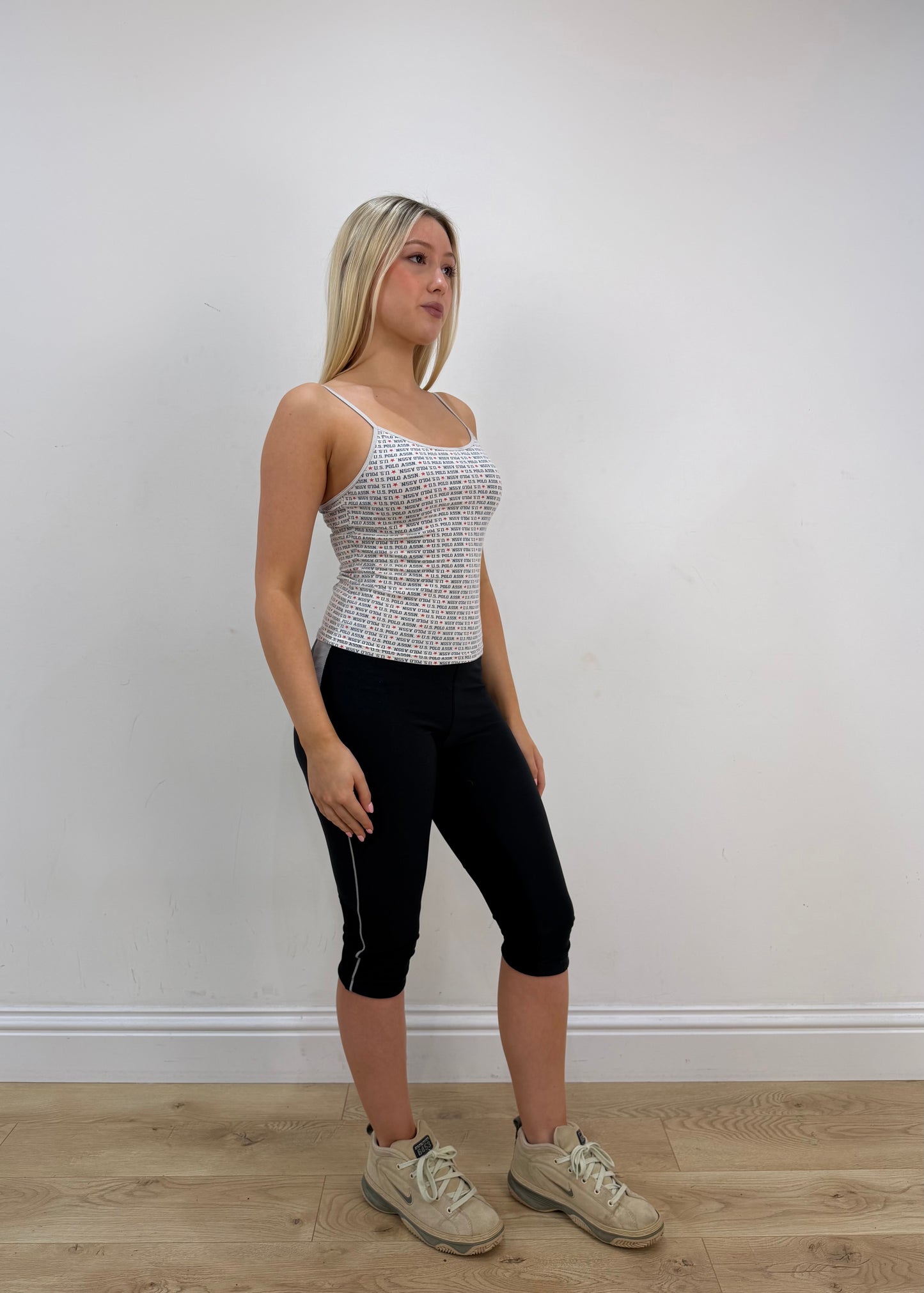 small white and blue polo u.s cami top