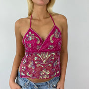 hot pink sequin backless top festival top