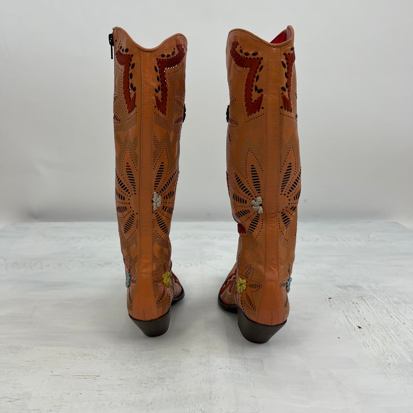 DROP 1 | orange embroidered cowboy boots - uk 3 1/2