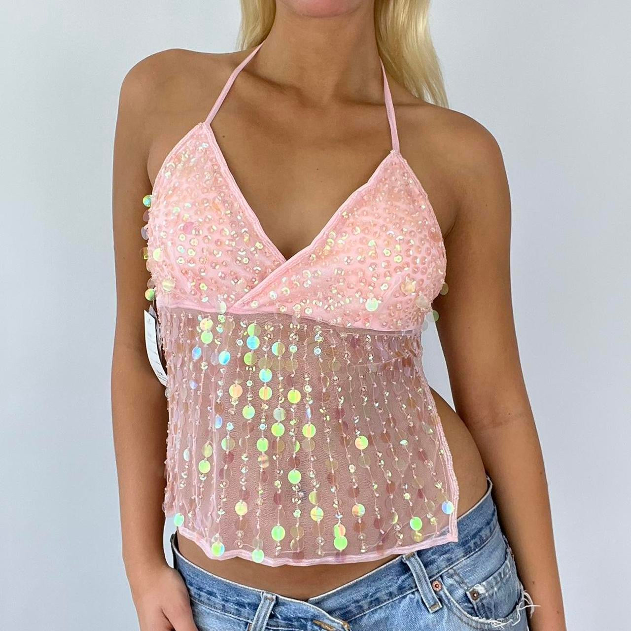 pink glitter backless top festival top
