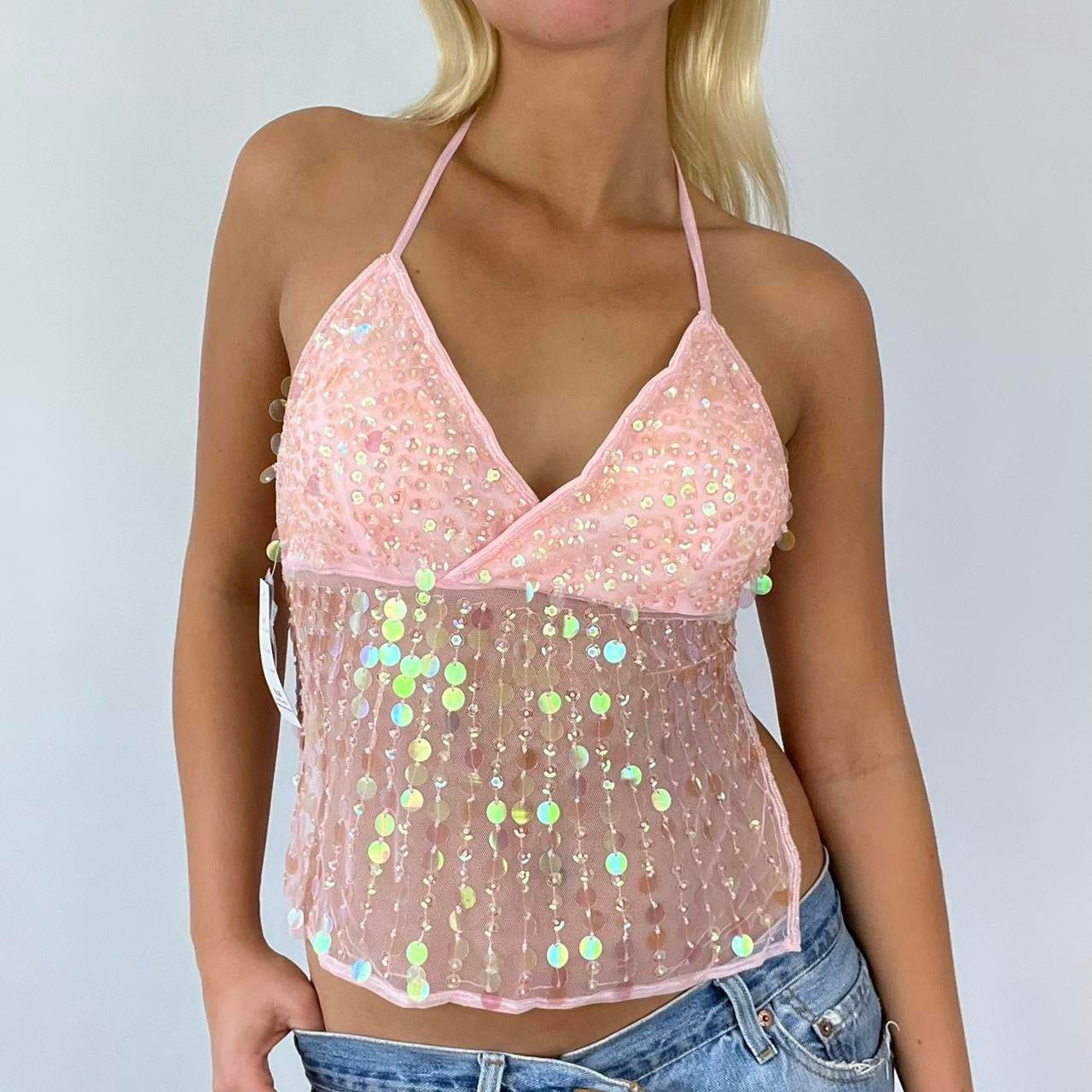 pink glitter backless top festival top