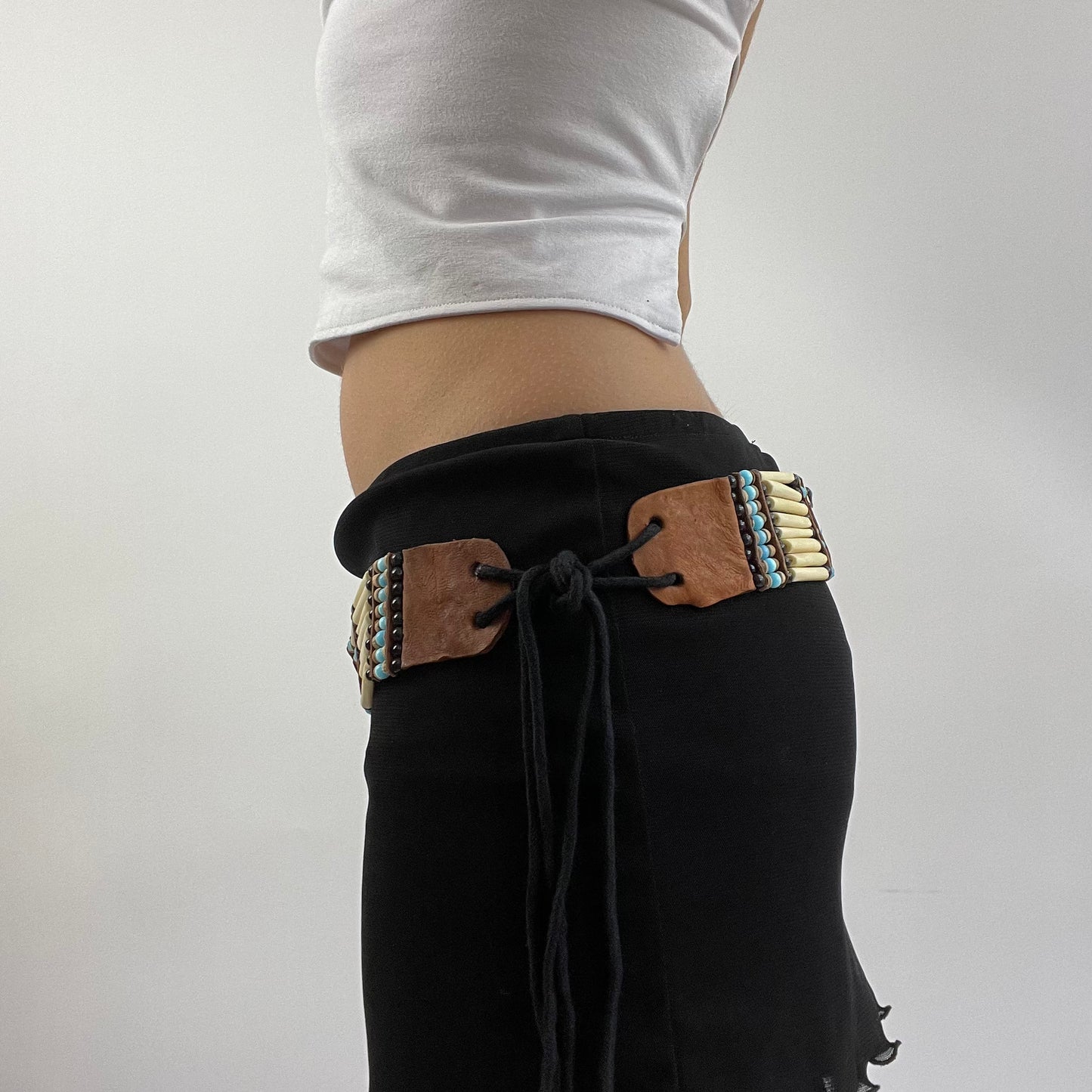 brown, cream and blue beaded belt