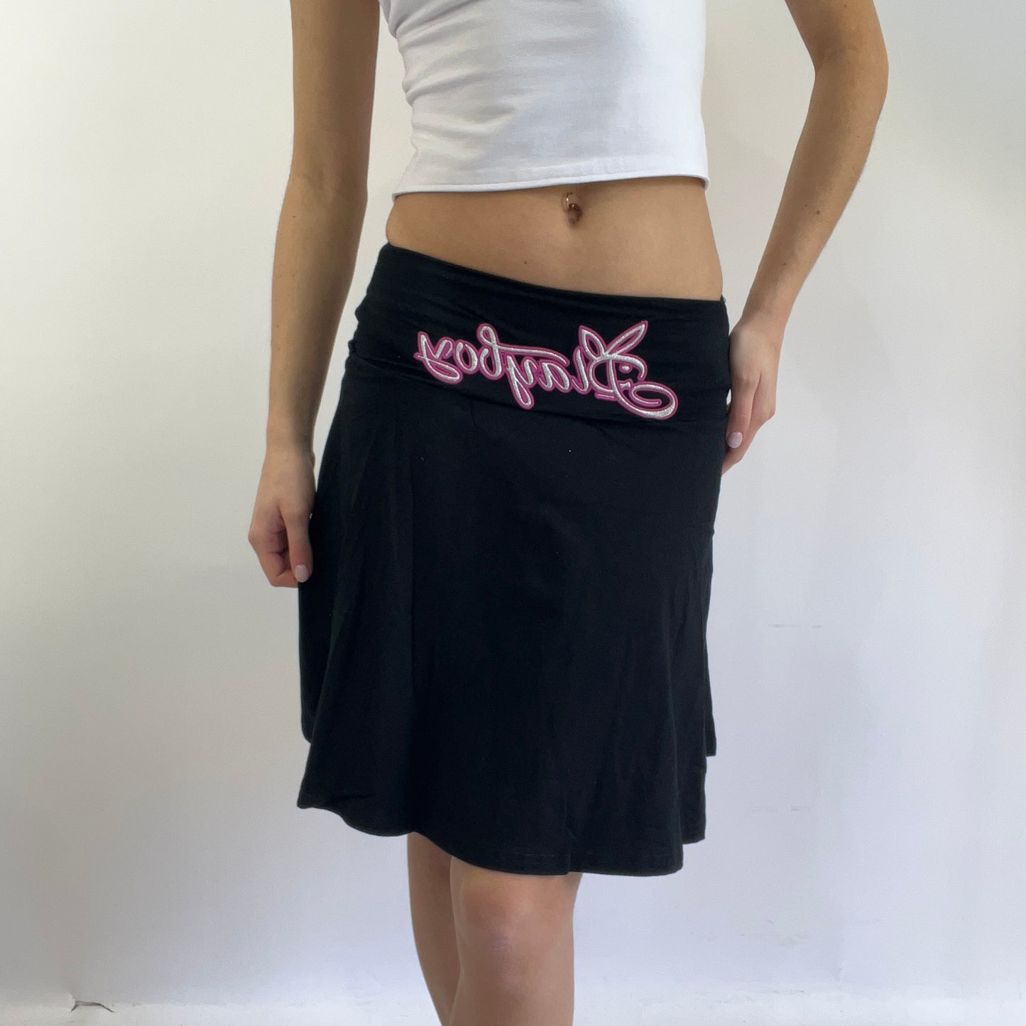 💻‼️ black playboy skirt with silver glitter spellout