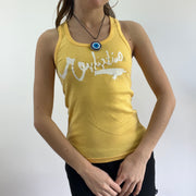 💻‼️ yellow quiksilver vest top with white graphic spell out