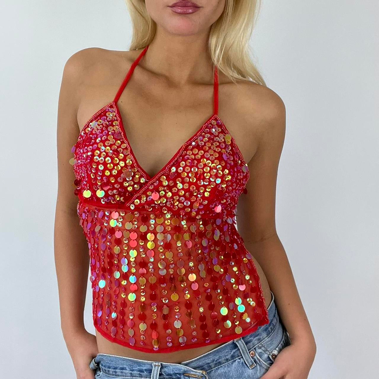 red glitter backless top festival top