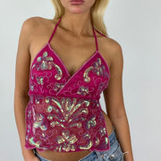 hot pink sequin backless top festival top