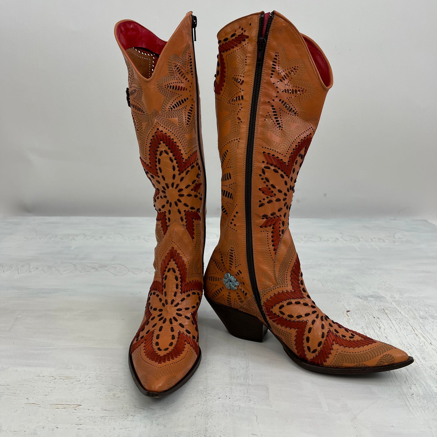 DROP 1 | orange embroidered cowboy boots - uk 3 1/2