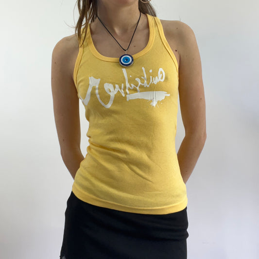 💻‼️ yellow quiksilver vest top with white graphic spell out