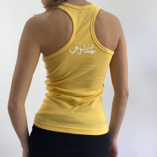 💻‼️ yellow quiksilver vest top with white graphic spell out
