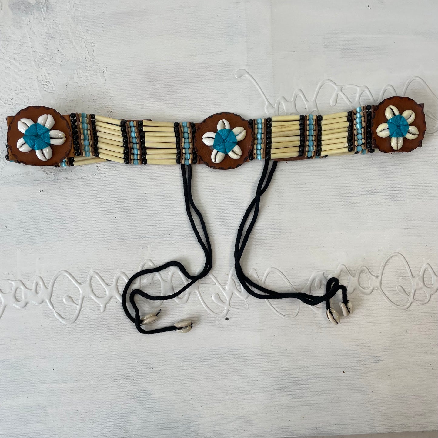 brown, cream and blue beaded belt