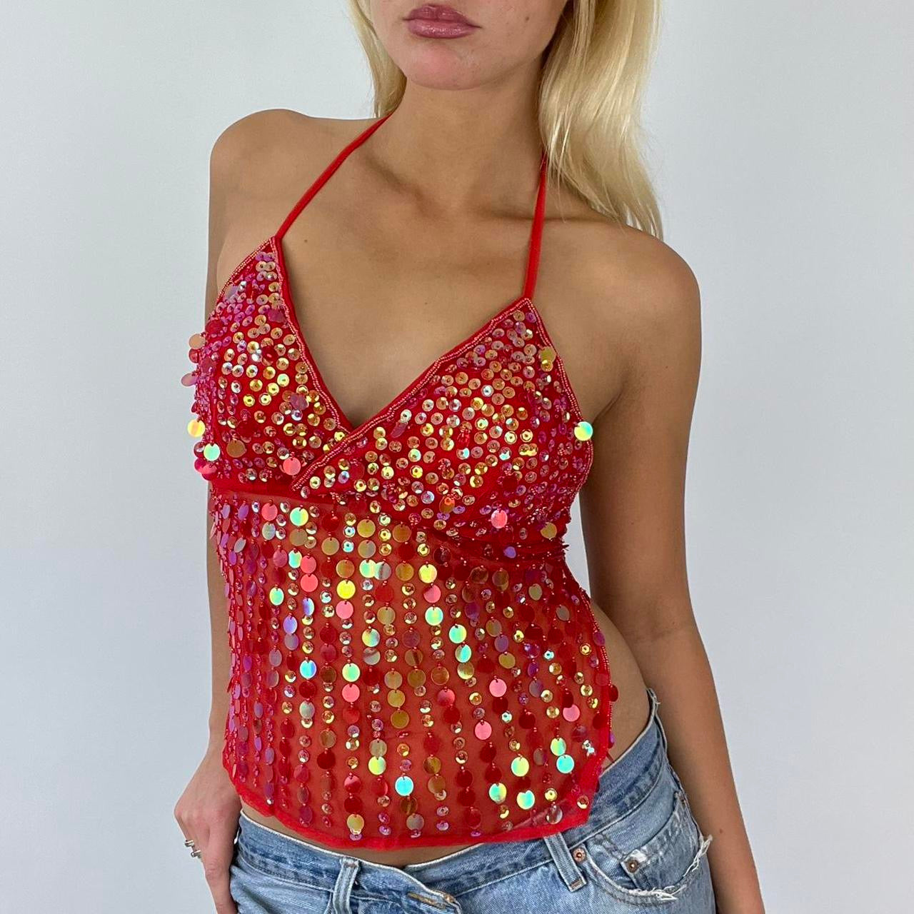 red glitter backless top festival top