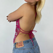 hot pink sequin backless top festival top