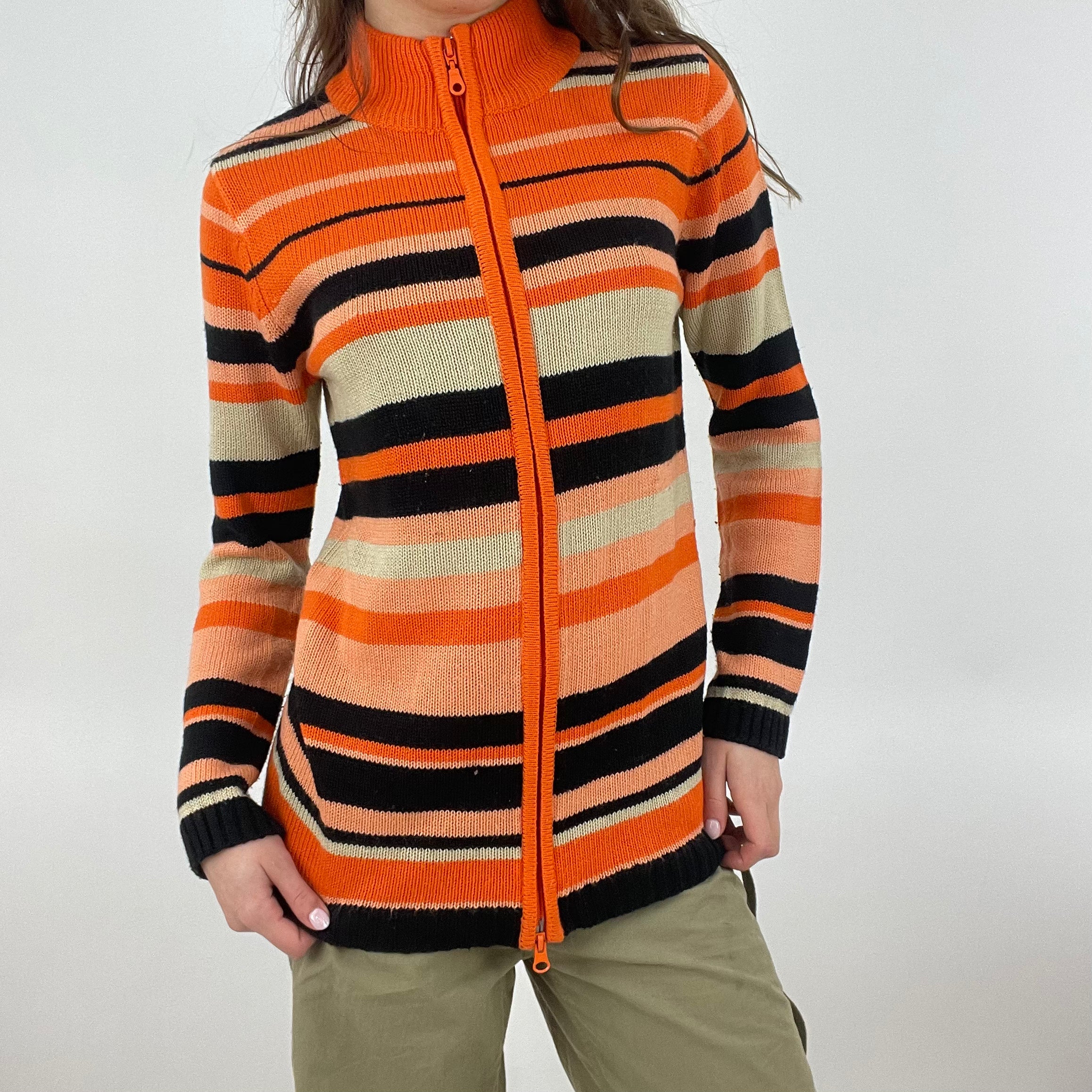 DROP 1 medium orange stripy knitted zip up jumper remass