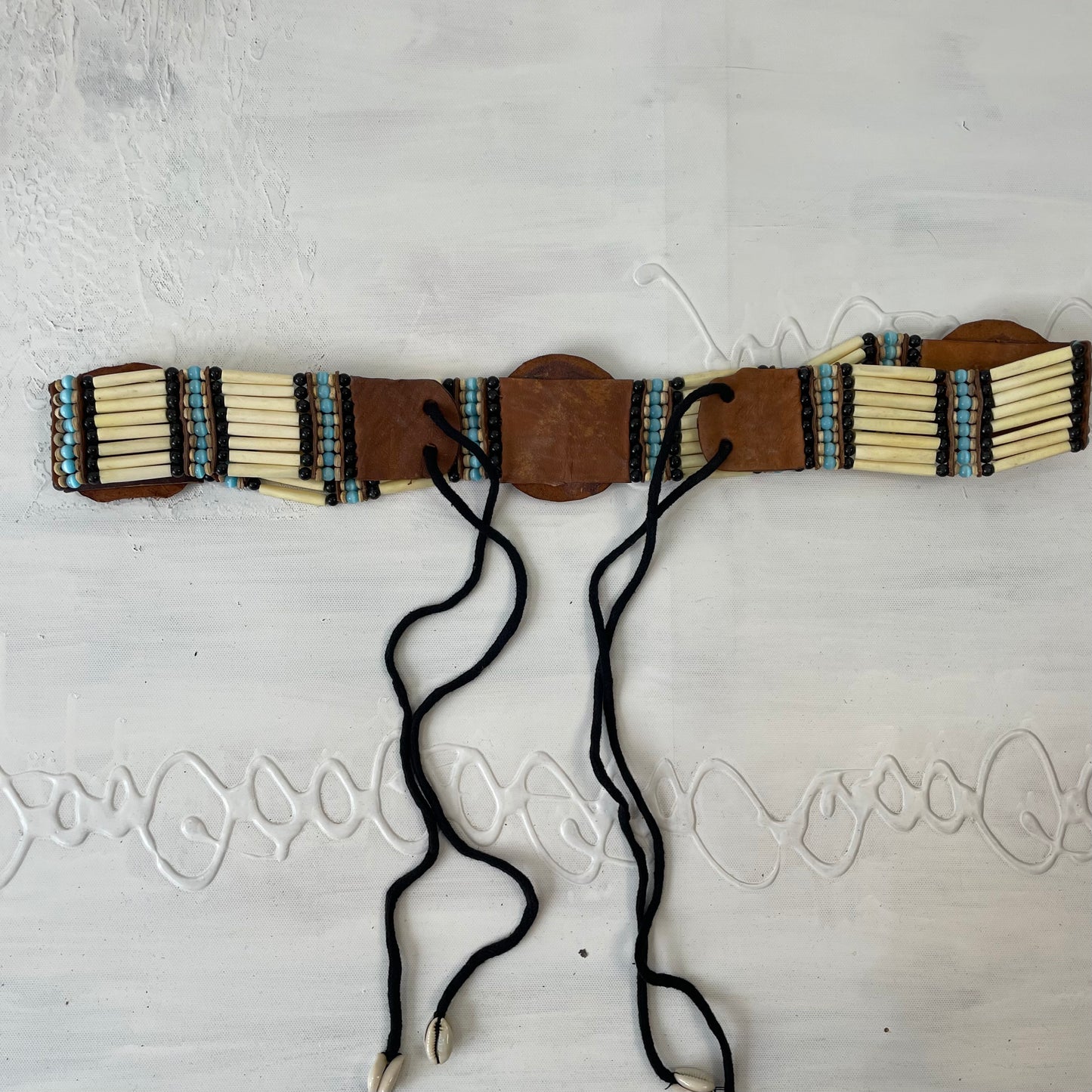 brown, cream and blue beaded belt