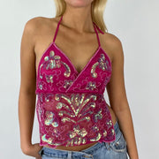 hot pink sequin backless top festival top