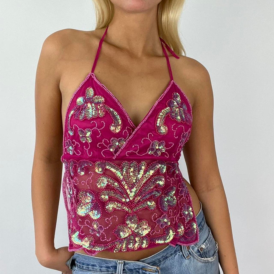 hot pink sequin backless top festival top